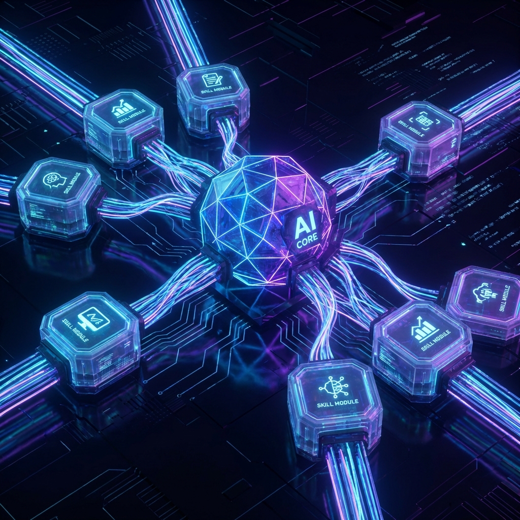 Digital glowing skills modules plugging into a central AI core, cybernetic style