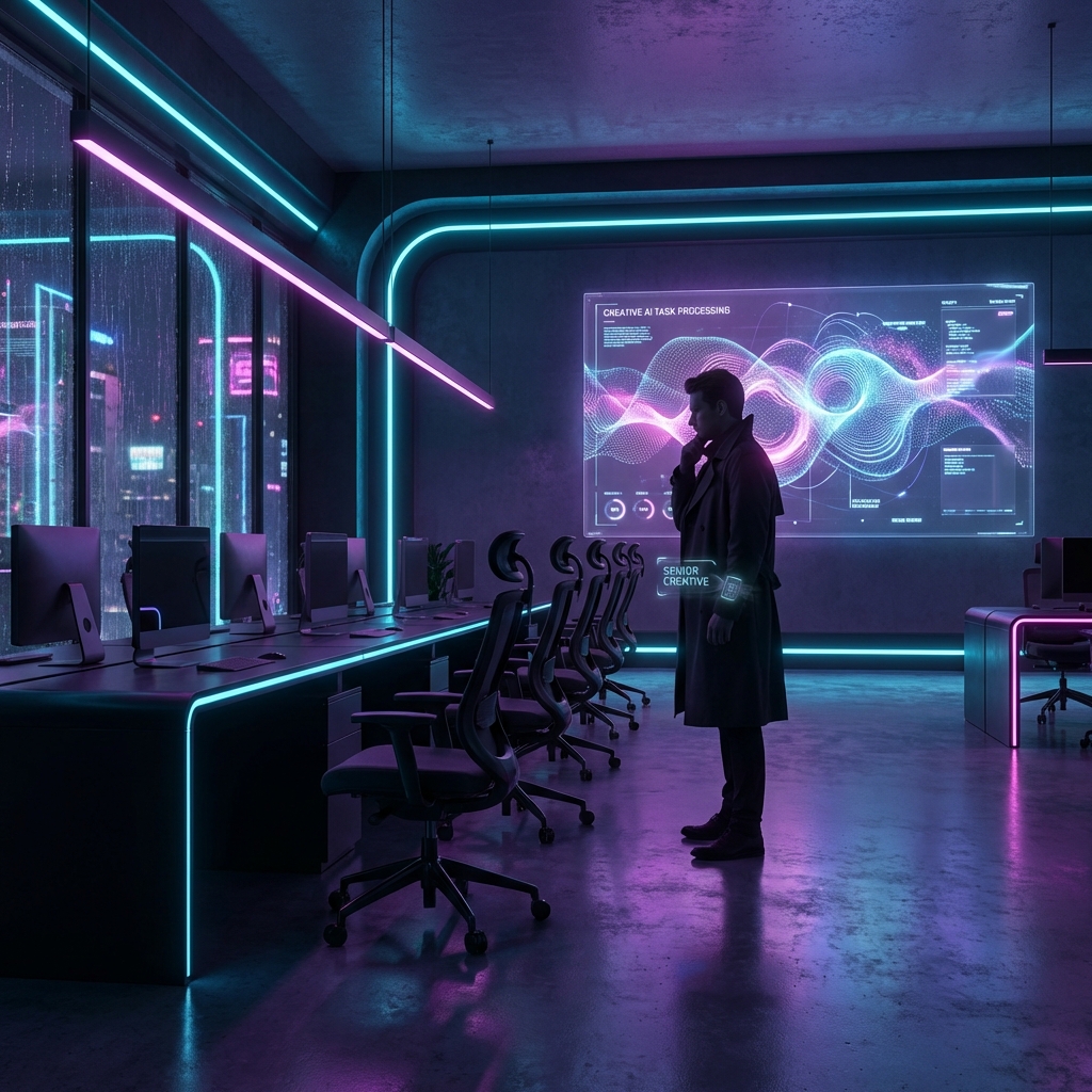 Ein einsamer Senior Creative blickt auf leere Arbeitsplätze in einem futuristischen Büro